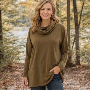 Garnet Hill Cowl Funnel Neck Knit Olive Green‎ Boho Relaxed Tunic Top Large